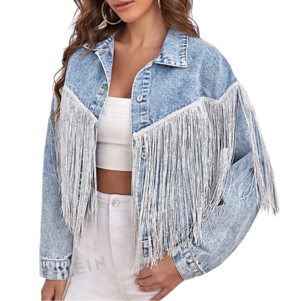 Western Drop Shoulder Fringe Trim Denim Jacket Women's Size Medium